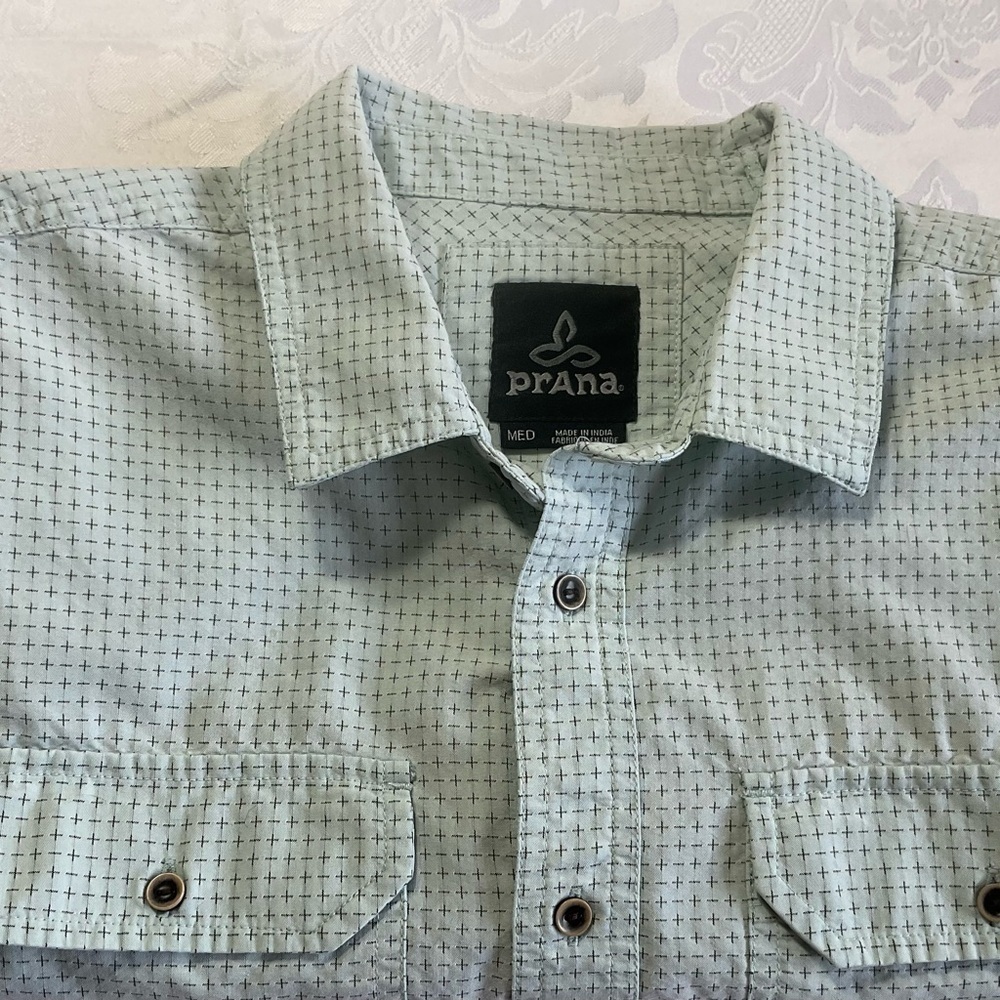 Prana Breathe Men’s Short Sleeve Shirt Size Medium Mint Green W Pattern